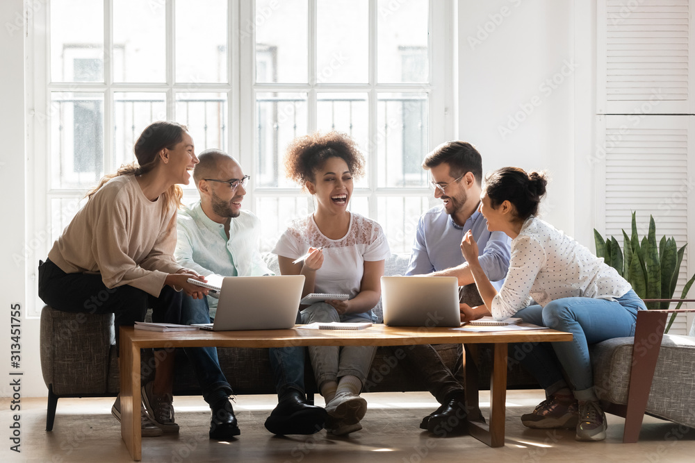 Overjoyed multiethnic young people have fun studying together