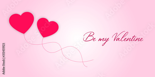 Be my Valentine greeting card, banner, invitation card, flyer, postcard, poster with pink hearts and text on isolated background