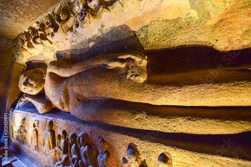 Rock-Carved Reclining Buddha Statue Inside Ajanta Caves