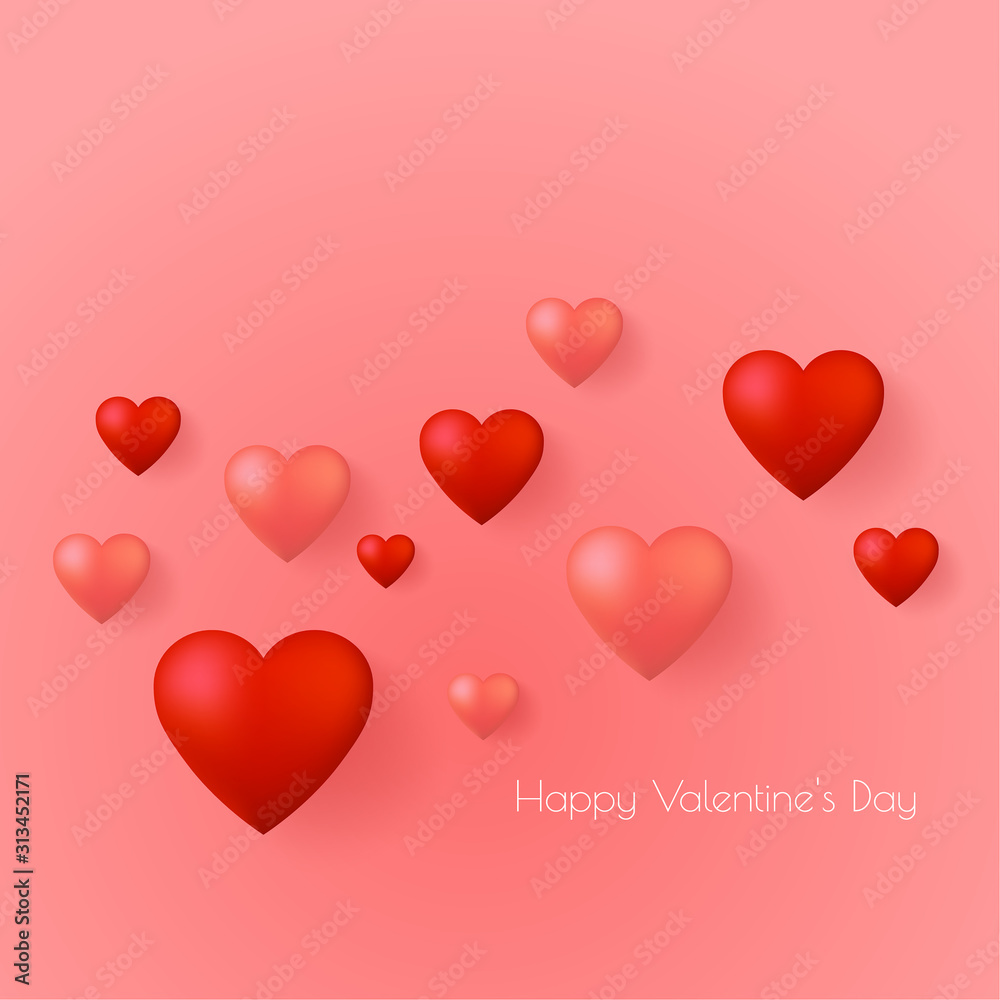 Happy Valentines Day greeting card vector template. Romantic poster with 3d red hearts. Vector illustrtation.