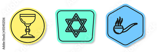 Set line Jewish goblet, Star of David and Smoking pipe with smoke. Colored shapes. Vector