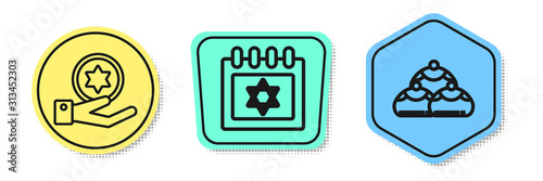 Set line Jewish coin on hand, Jewish calendar with star of david and Jewish sweet bakery. Colored shapes. Vector