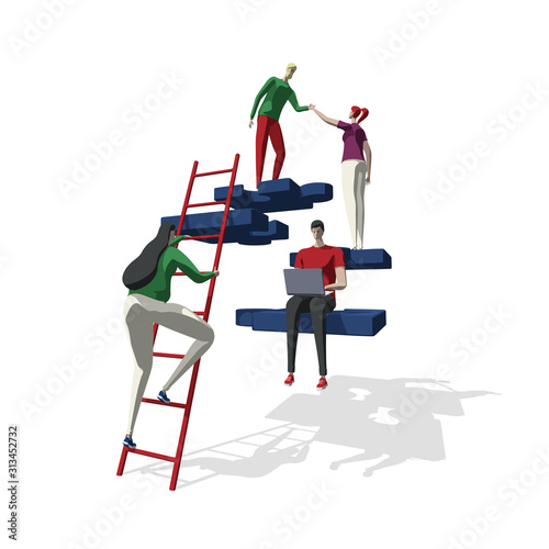 Teamwork business solution concept with persons and puzzle elements. Team Metaphor. Template for web banner, landing page. Flat vector illustration isolated on white background.