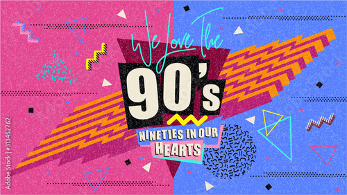90s and 80s poster. Retro style textures and alphabet mix. Aesthetic fashion background and eighties graphic. Pop and rock music party event template. Vintage vector poster, banner. photo