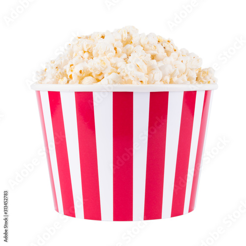 Popcorn in red and white cardboard box for cinema isolated on white background