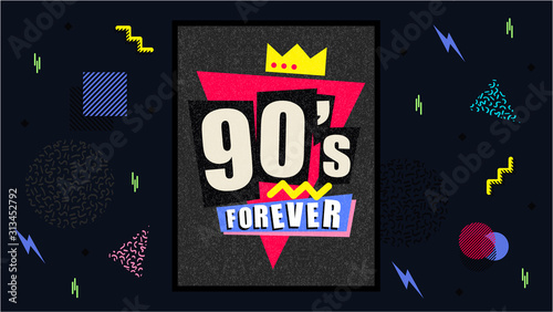 90s and 80s poster. Retro style textures and alphabet mix. Aesthetic fashion background and eighties graphic. Pop and rock music party event template. Vintage vector poster, banner.