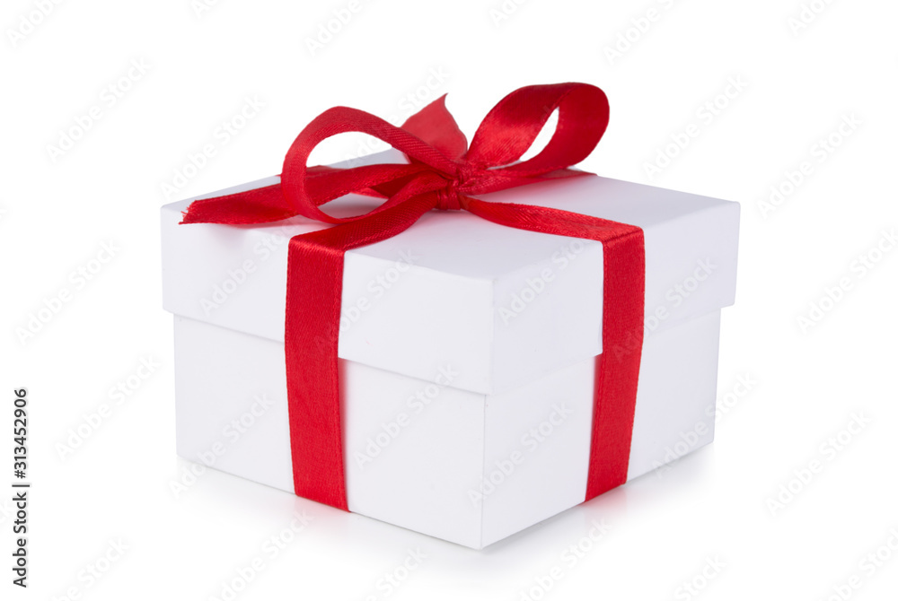 White box, bow and red ribbon isolated on white background White box, bow and red ribbon isolated on white background
