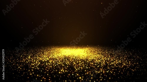 gold particles abstract background with shining golden floor particles stars dust. Futuristic glittering fly movement flickering loop in space on black background.