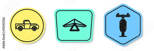 Set line Pickup truck, Hang glider and Bicycle. Colored shapes. Vector