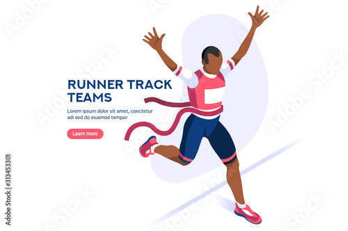 Web page, place with hands of athletes. Tournament with athletics characters for victory. Cartoons on website page on a first strong competition for a gold medal. Flat vector illustration