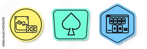 Set line Game dice and glass of whiskey with ice cubes, Playing card with spades symbol and Online poker table game. Colored shapes. Vector