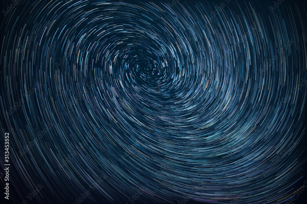 Star trails with the swirl vortex effect seen at night in Romania - Perseid meteor shower 2019