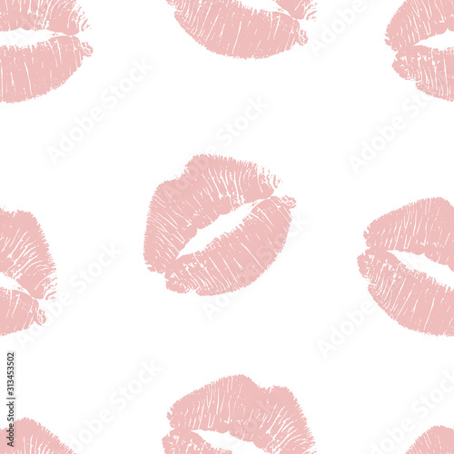 Seamless pattern pink lips kisses prints. Valentines day background