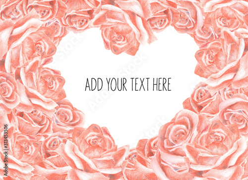  Greeting card for Valentine's Day with roses, colour pencils, can be used as invitation card for wedding, birthday and summer background. Hand drawn illustration with heart.