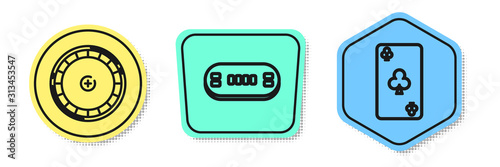 Set line Casino roulette wheel, Poker table and Playing card with clubs symbol. Colored shapes. Vector