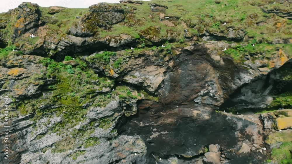 Rugged, sharp rocks full of sea caves worn by ages of erosion. Iceland cliff. Recorded on the cliff at Dyrhólaey Lighthouse. Rugged, sharp rocks full of sea caves worn by ages of erosion. Iceland cliff. Recorded on the cliff at Dyrhólaey Lighthouse.