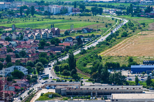 Aerial photo of a crowded street in Rasnov, Brasov country, Transylvania, Romania. © Ehcalahim