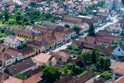 Aerial photo of a crowded street in Rasnov, Brasov country, Transylvania, Romania.