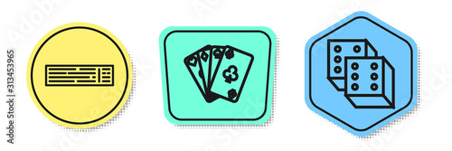Set line Deck of playing cards, Playing cards and Game dice. Colored shapes. Vector
