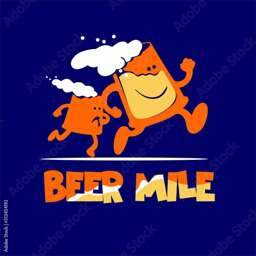 Beer Mile contest logo. 2 mugs of beer run a marathon. Extreme sport. Athletes run 400 meters and drink beer.