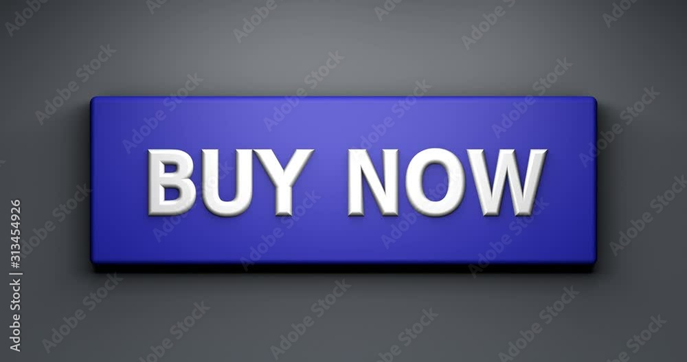 Animation 3d render: Buy Now button. On the website of the online store. Remote online shopping from home with a credit card. The buyer clicks a button on the site.