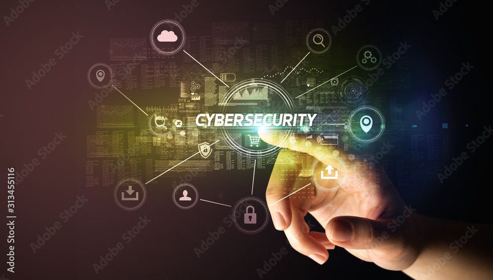 Hand touching CYBERSECURITY inscription, Cybersecurity concept Hand touching CYBERSECURITY inscription, Cybersecurity concept