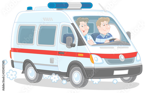 Ambulance car with a doctor and a driver hurrying to rescue, vector cartoon illustration