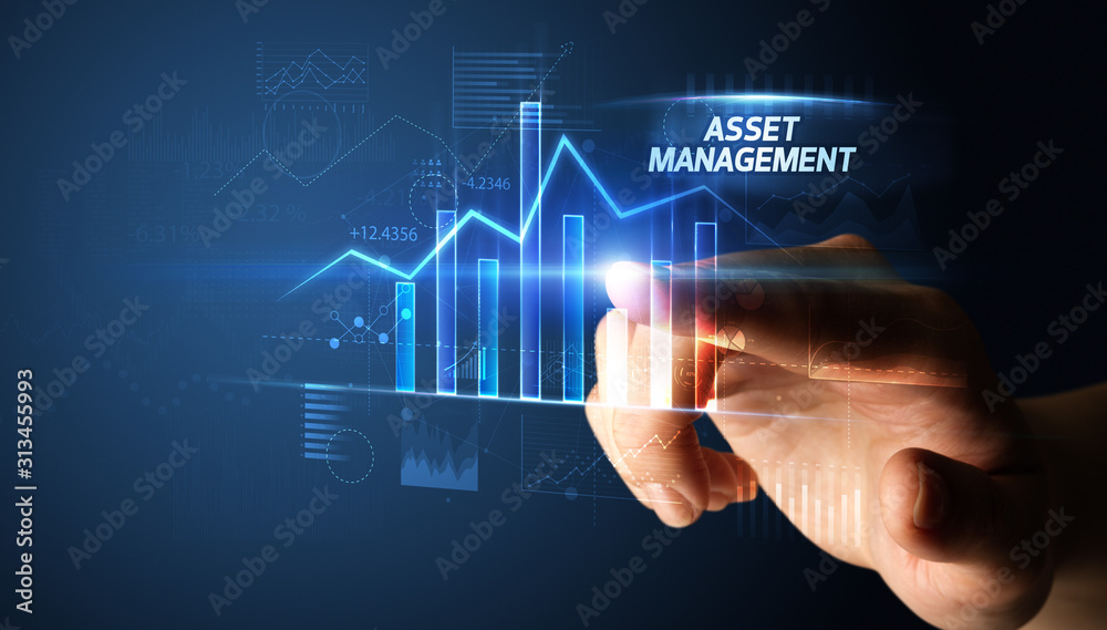 Hand touching ASSET MANAGEMENT button, business concept Hand touching ASSET MANAGEMENT button, business concept