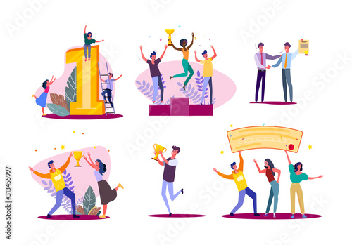 Set of casual people celebrating victory