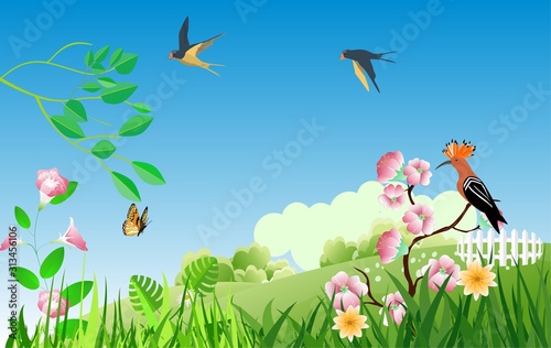 landscapes of Countryside in summer.  with field  blowing tree branch  bird  in foliage. Pretty landscape in summer.