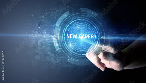 Hand touching NEW CAREER button, modern business technology concept