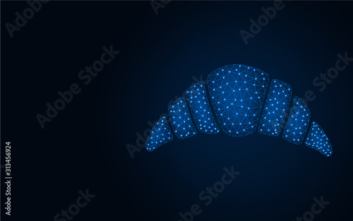 Croissant low poly design, Bakery products wireframe mesh polygonal vector illustration made from points and lines on dark blue background