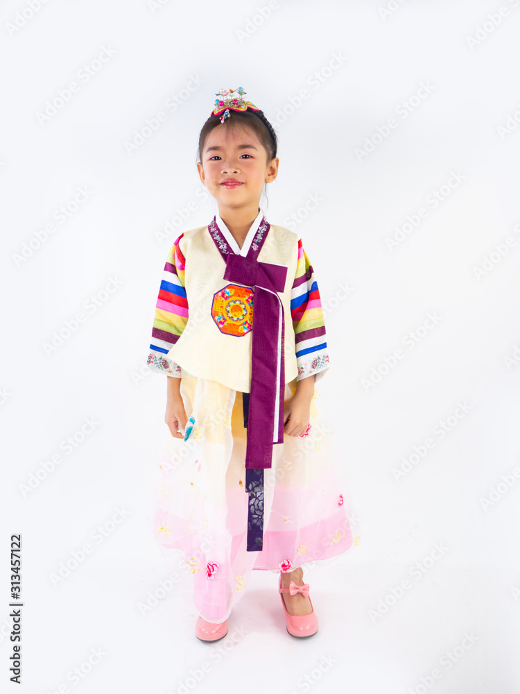 Asian little boy and girl wearing a Korean Traditional Hanbok dress in Rattan bag on white background