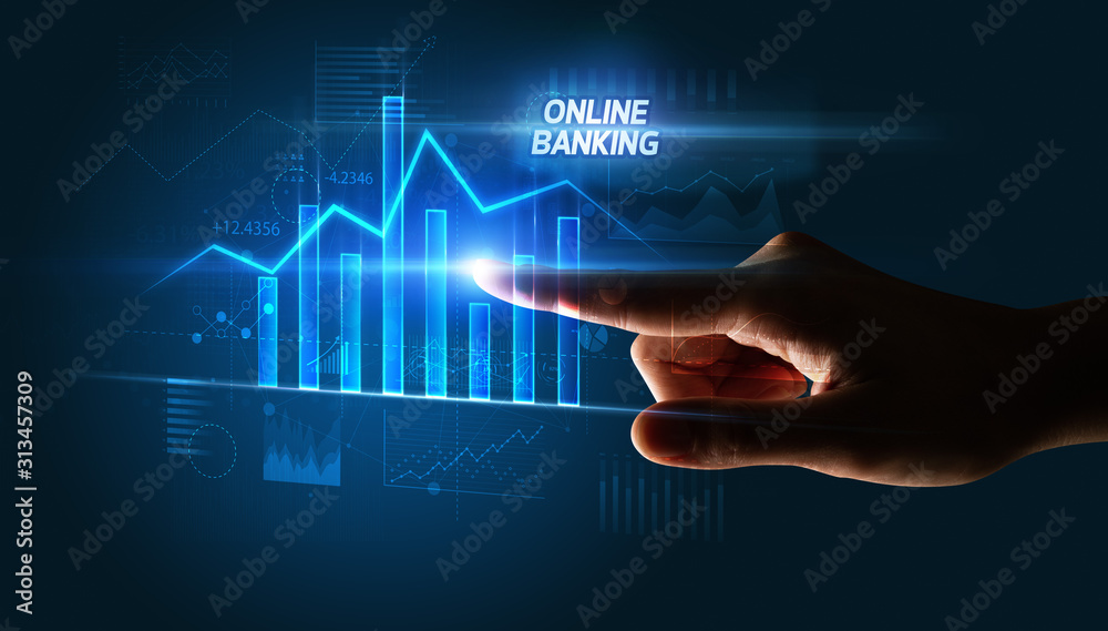 Hand touching ONLINE BANKING button, business concept Hand touching ONLINE BANKING button, business concept
