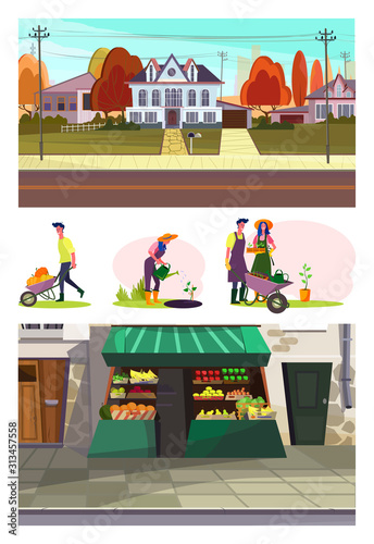 Set of grangers working at orchard. Flat vector illustrations of young people planting, watering plants, gathering harvest. Organic product concept for banner, website design or landing web page