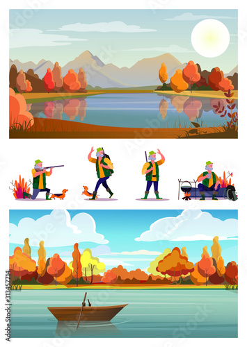 Set of senior hunter with dog on hunt. Flat vector illustrations of senior man with rifle looking, shooting, resting. Hunt concept for banner, website design or landing web page