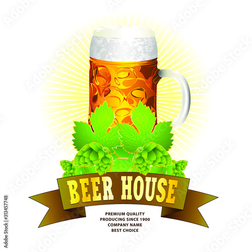 Pub beverage logo template. 3D image with bottle, hops and ribbon at the bottom. Emblem design template.