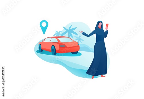 Mobile transport app design, arab girl in abaya hold smartphone, businesswoman order ride, carsharing service template, muslim people, transport sharing concept, vector cartoon character