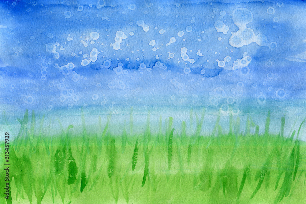 Hand drawn light blue and green horizontal watercolor spring background