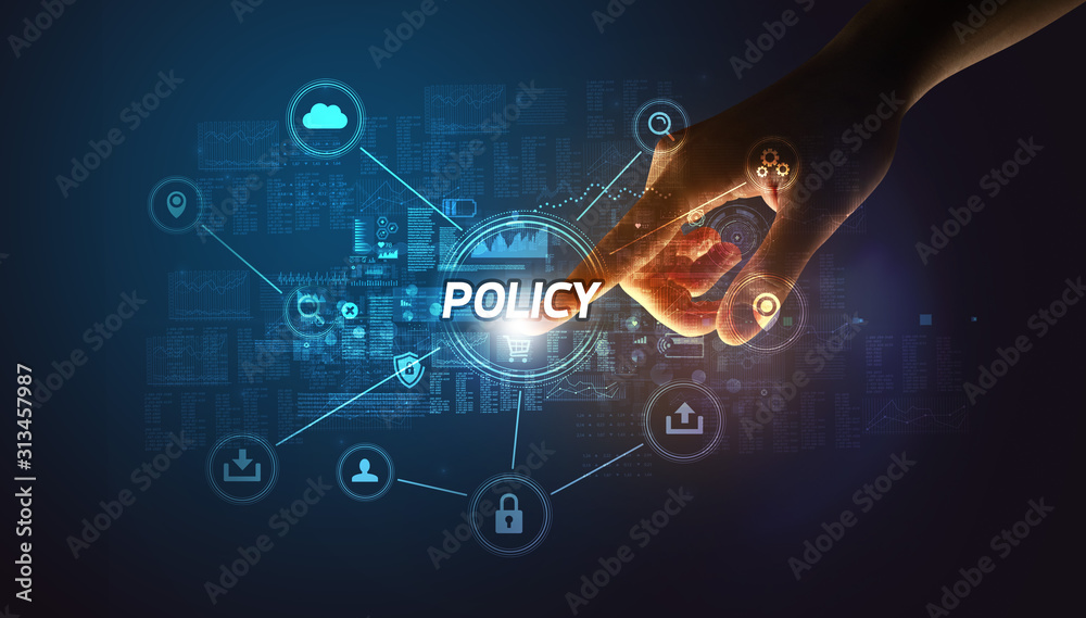 Fototapeta Ręką dotykając napis POLITYKA, koncepcja bezpieczeństwa cybernetycznego