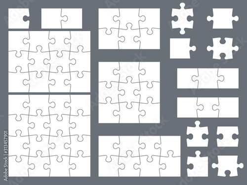 Puzzle pieces. Parts of puzzles for creative game, consistency thinking and solution in assembly of graphic image. Vector templates photo