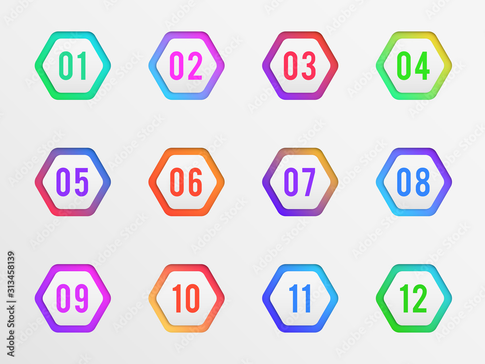 Bullet points. Colorful label number pointing bullets, modern pointers. Steps of simple shape for infographic layout and web design vector set