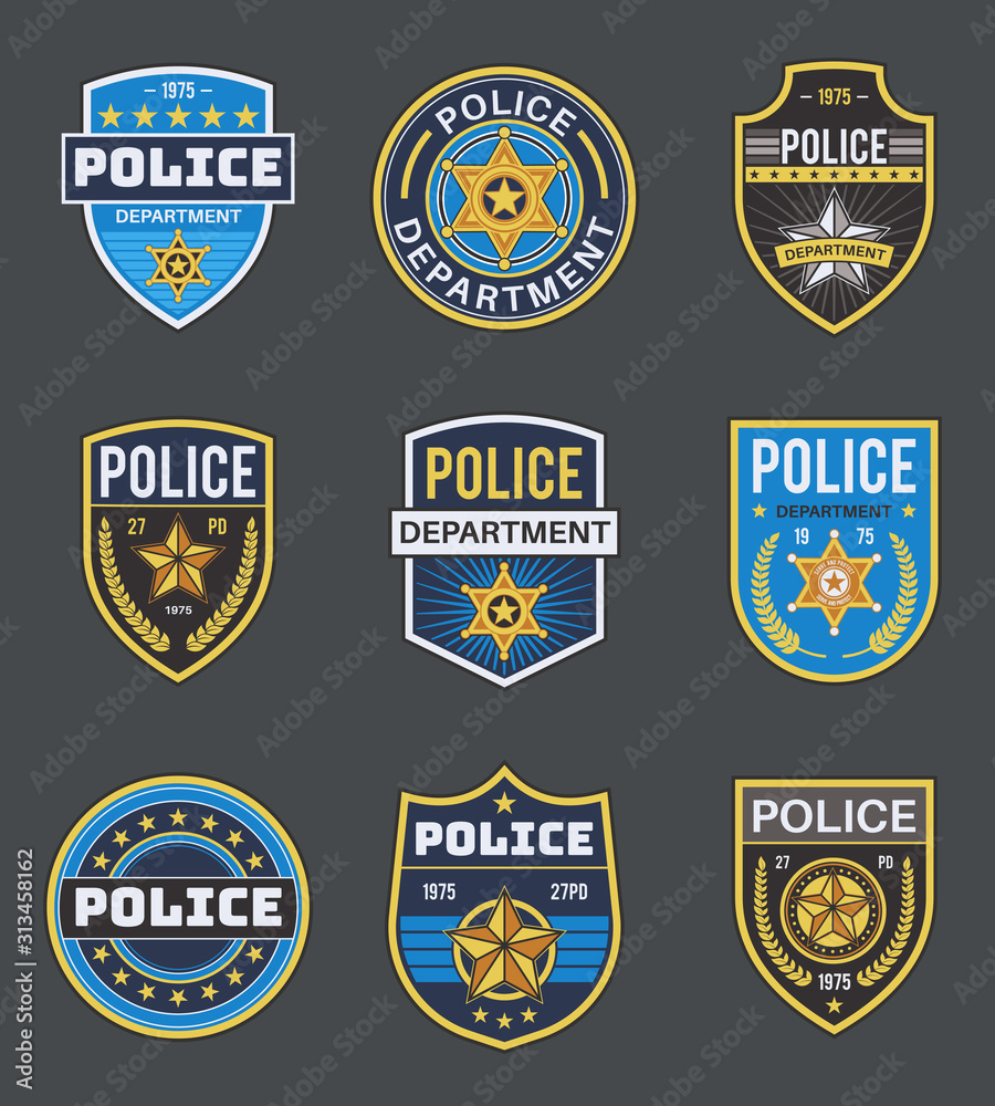 Police labels. Policeman law enforcement badges. Sheriff, marshal and  ranger logo, police star medallions, security federal agent vector insignia  Stock Vector | Adobe Stock