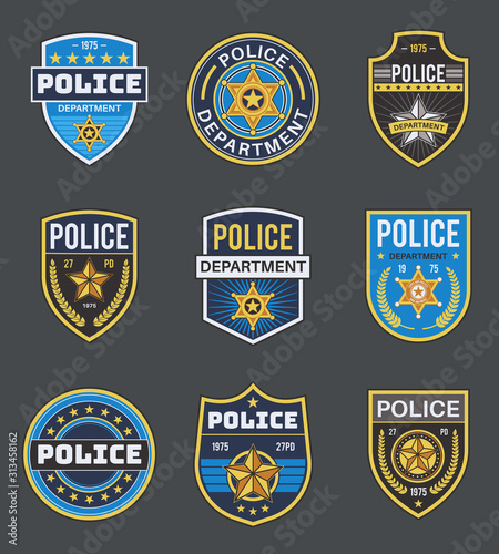 Police labels. Policeman law enforcement badges. Sheriff, marshal and ranger logo, police star medallions, security federal agent vector insignia