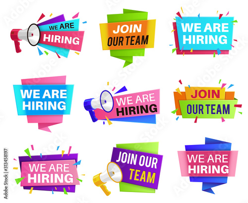 We are hiring labels. Join our team banners, announcement vacancy, creative recruiting offer flyer, help wanted advertising badges vector set