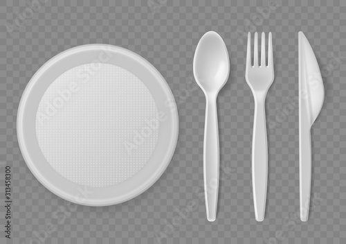 Plastic cutlery. Realistic disposable serving kitchen utensil, plate and spoon, fork and knife, picnic tableware. Kitchenware vector set