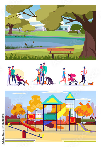 Set of citizens doing various activities. Flat vector illustrations of families resting. Family leisure concept for banner  website design or landing web page