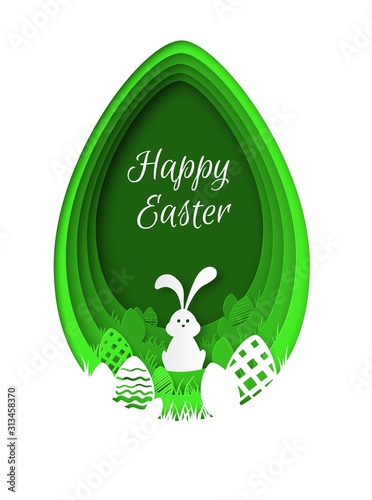 Paper easter background. Colorful easter eggs, multicolor rabbit paper cut greeting card template, celebration event flyer vector concept