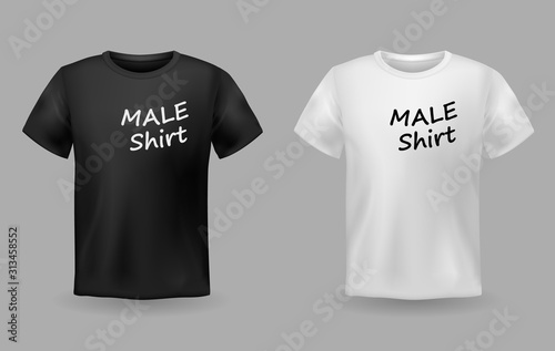 Shirt realistic. Textile realistic male black and white t-shirts with print sport text isolated vector sport outfit mockups