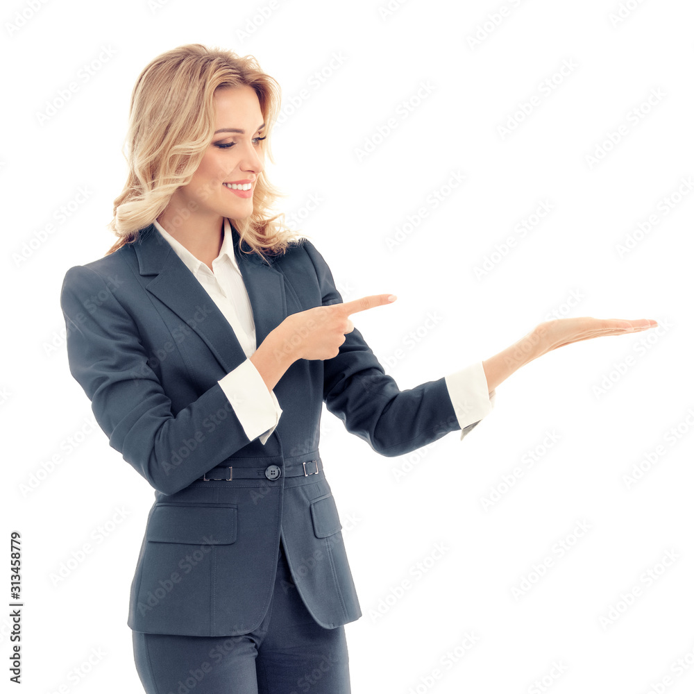 Businesswoman in grey confident suit, showing or holding something, some product or blank copy space for slogan or text message, isolated over white background. Square composition. Businesswoman in grey confident suit, showing or holding something, some product or blank copy space for slogan or text message, isolated over white background. Square composition.